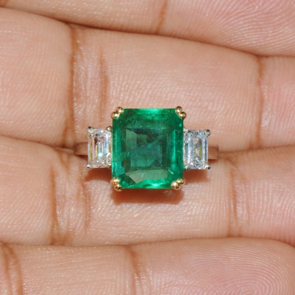 GIA CERTIFIED NATURAL 5.32CTS VS E DIAMOND GREEN EMERALD PLATINUM 18K GOLD RING - Picture 6 of 15